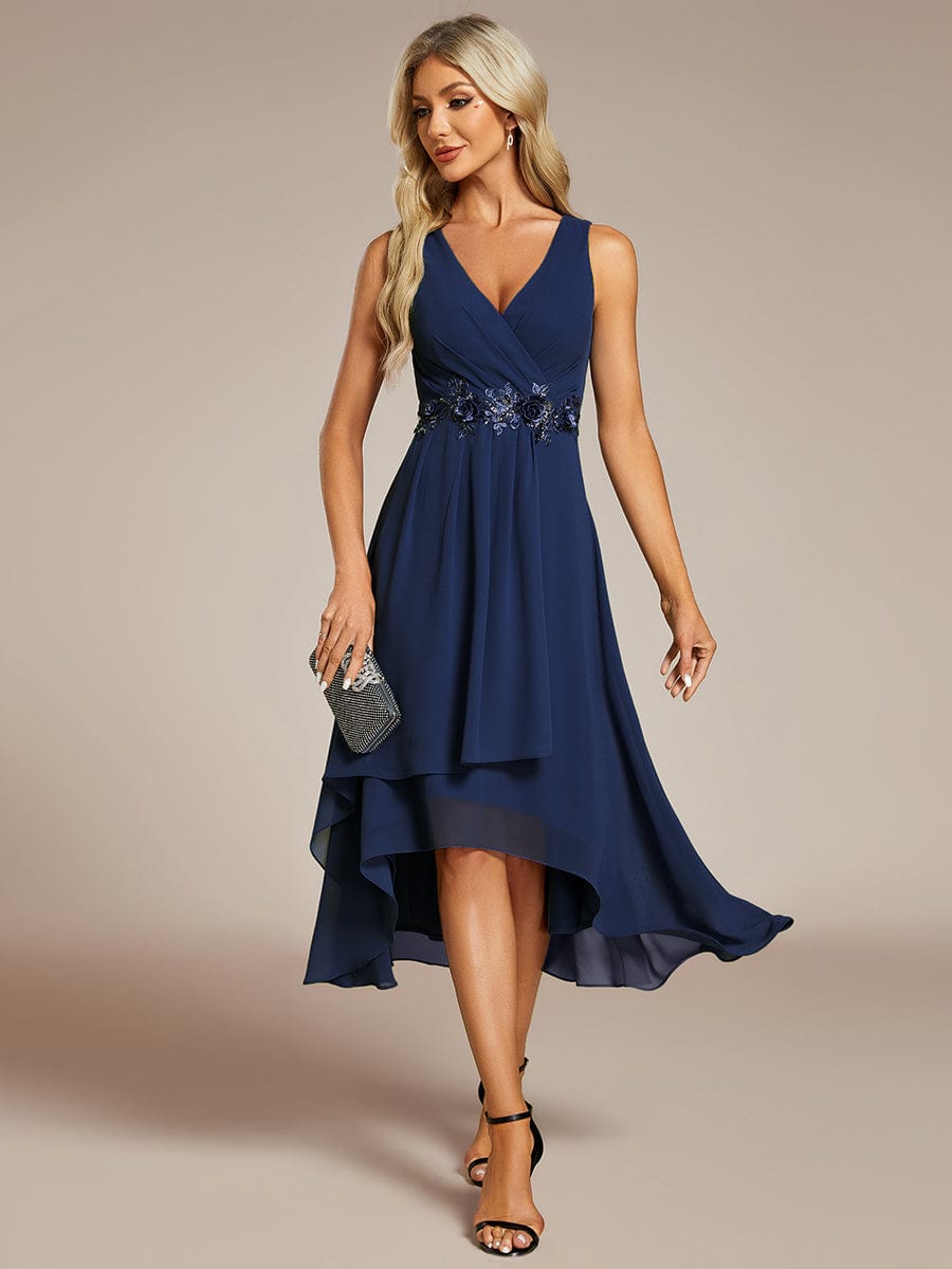Sleeveless V-Neck High Low Wedding Guest Dress with Floral Applique #color_Navy Blue