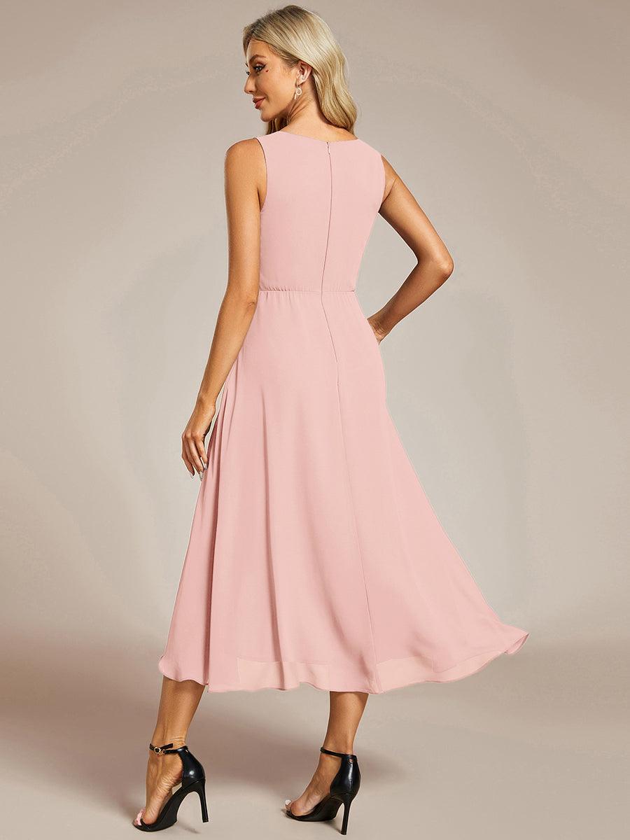 Sleeveless V-Neck High Low Wedding Guest Dress with Floral Applique #color_Pink