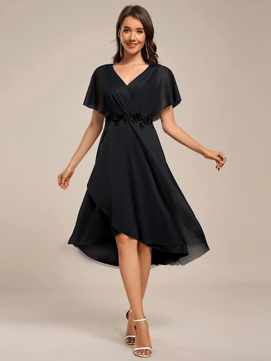 Short Sleeve V-Neck Asymmetrical Midi Wedding Guest Dresses #color_Black