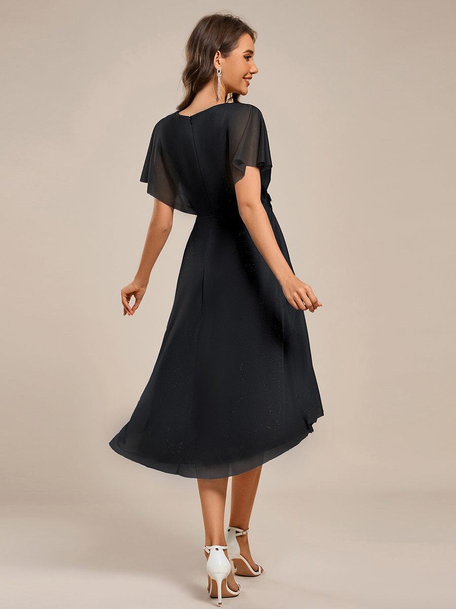 Short Sleeve V-Neck Asymmetrical Midi Wedding Guest Dresses #color_Black