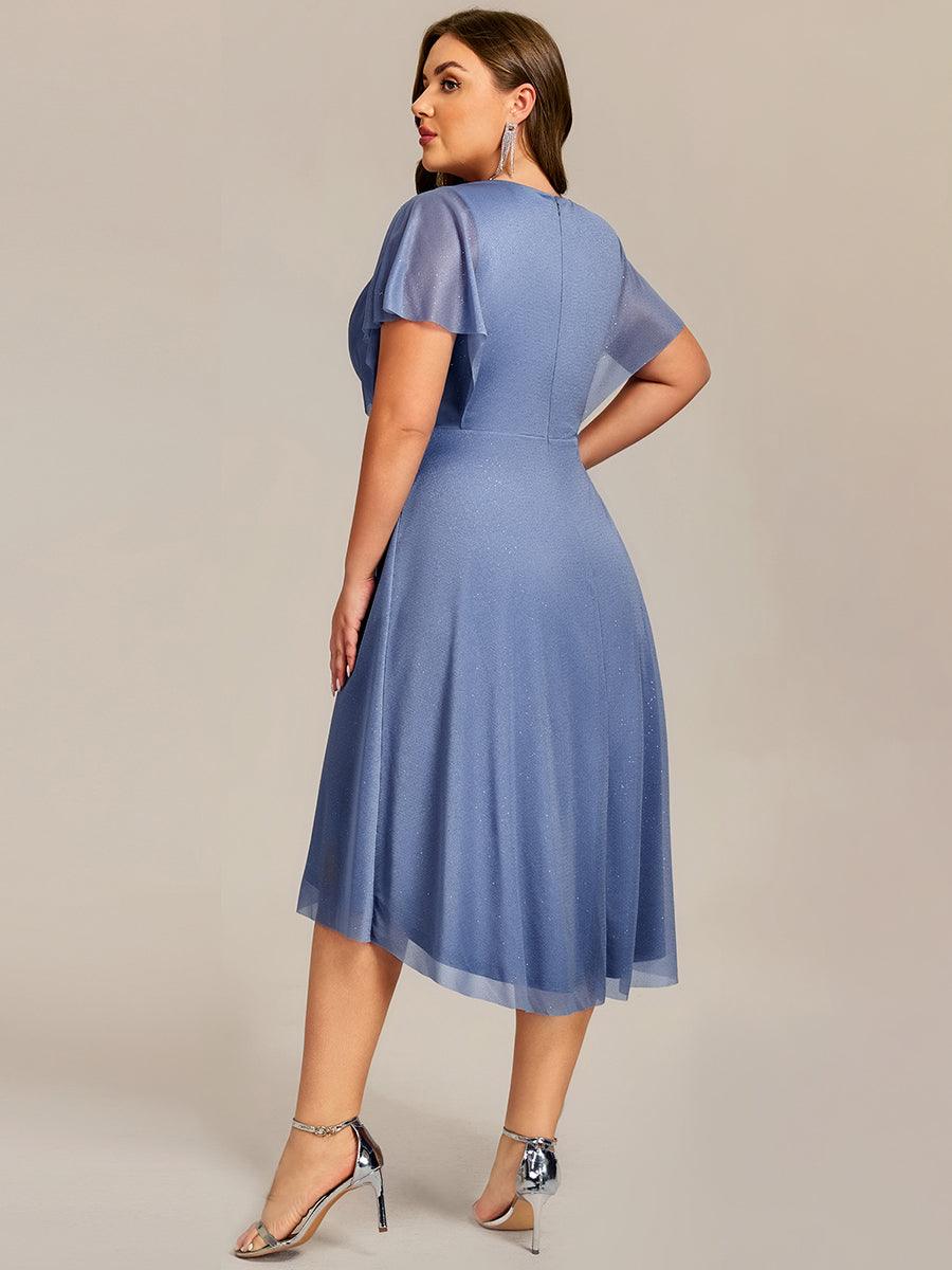 Plus Size Short Sleeve Asymmetrical Hem V-Neck Applique Wedding Guest Dresses #color_Dusty Blue