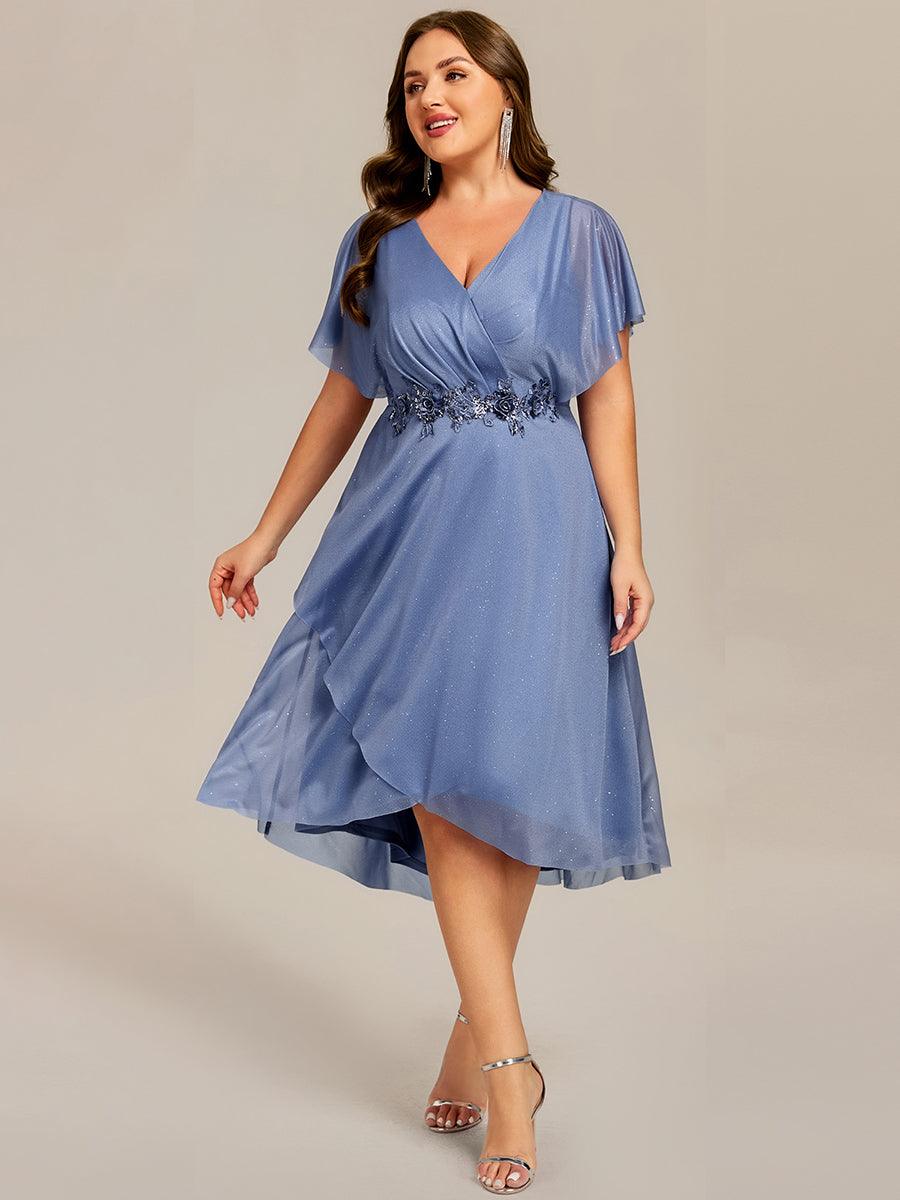 Plus Size Short Sleeve Asymmetrical Hem V-Neck Applique Wedding Guest Dresses #color_Dusty Blue