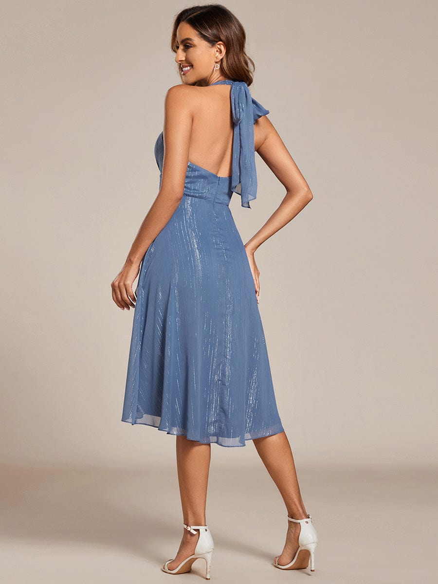 Chic V-Neck Halter Bow High-Waist Sleeveless Lotus Leaf Wedding Guest Dress #color_Dusty Blue