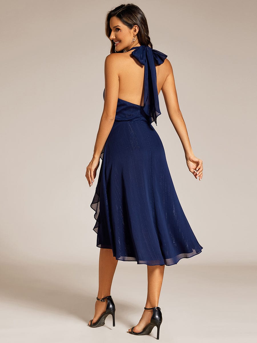 Chic V-Neck Halter Bow High-Waist Sleeveless Lotus Leaf Wedding Guest Dress #color_Navy Blue