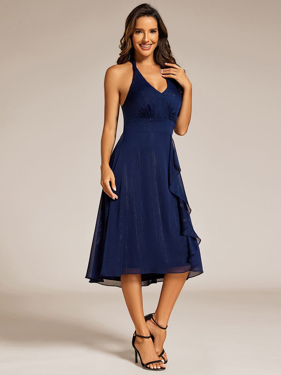 Chic V-Neck Halter Bow High-Waist Sleeveless Lotus Leaf Wedding Guest Dress #color_Navy Blue