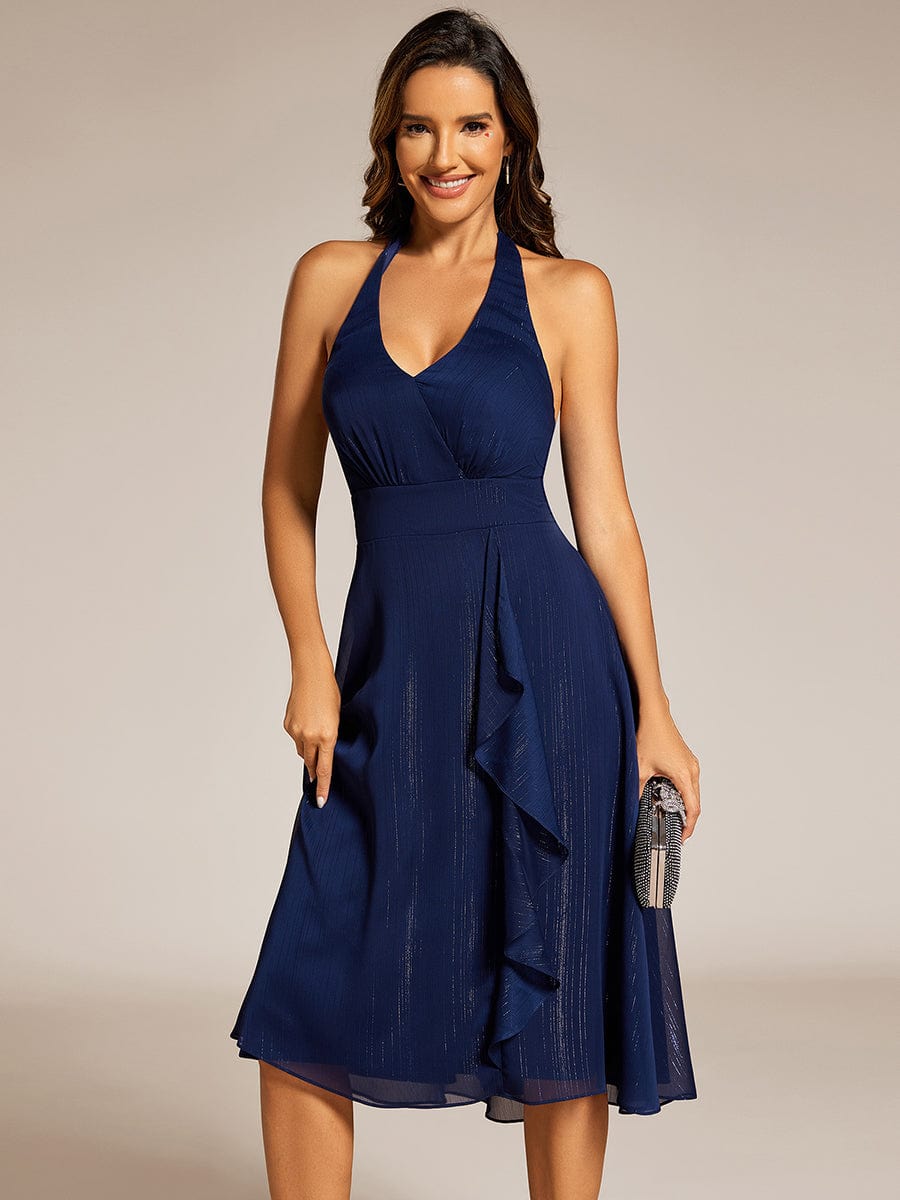 Chic V-Neck Halter Bow High-Waist Sleeveless Lotus Leaf Wedding Guest Dress #color_Navy Blue