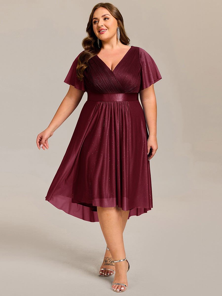 Short Sleeve V-Neck Pleated Glitter Midi Wedding Guest Dress #color_Burgundy