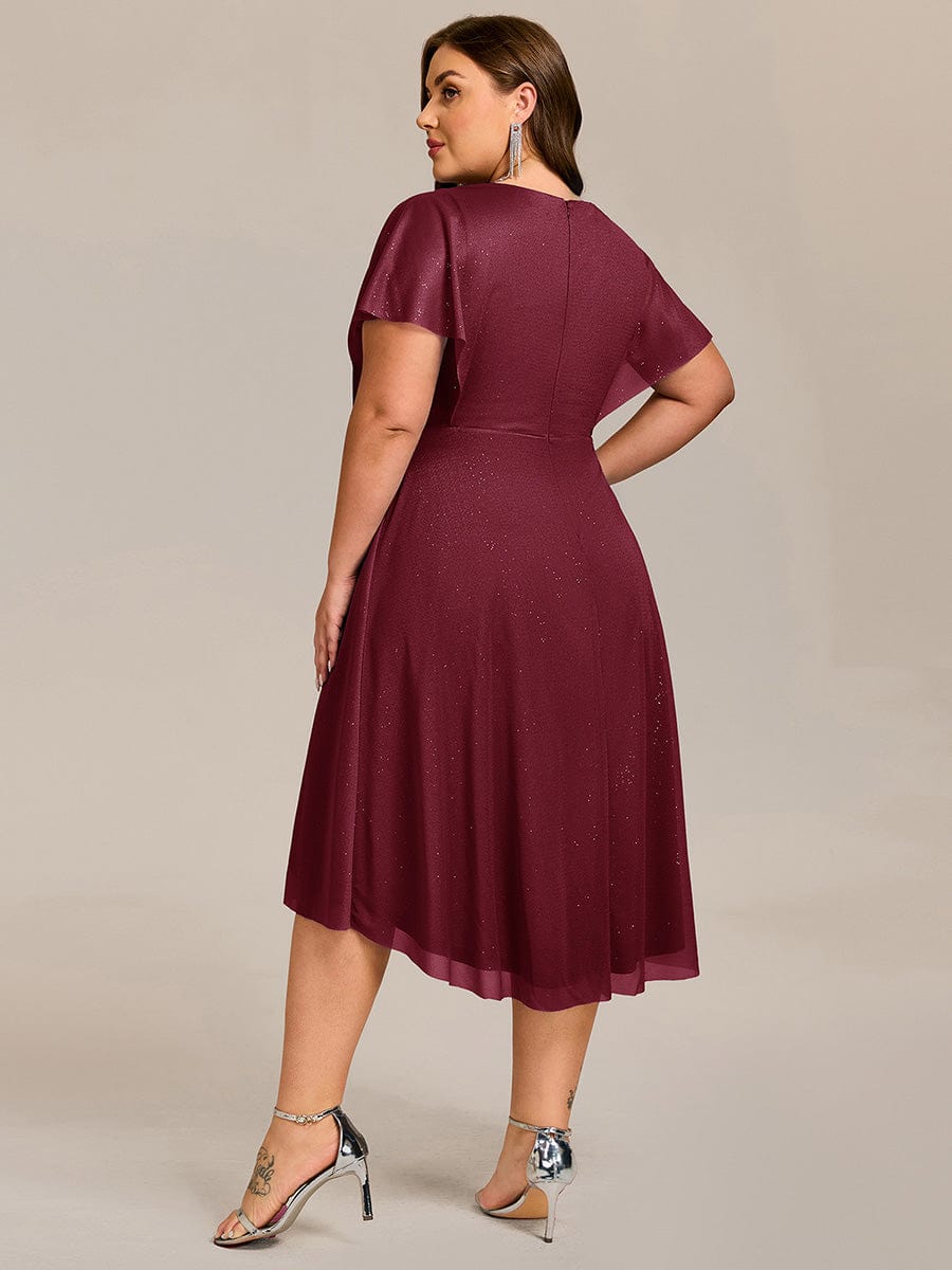 Short Sleeve V-Neck Pleated Glitter Midi Wedding Guest Dress #color_Burgundy