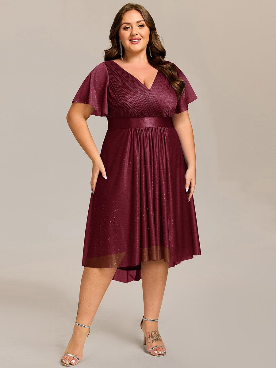 Short Sleeve V-Neck Pleated Glitter Midi Wedding Guest Dress #color_Burgundy