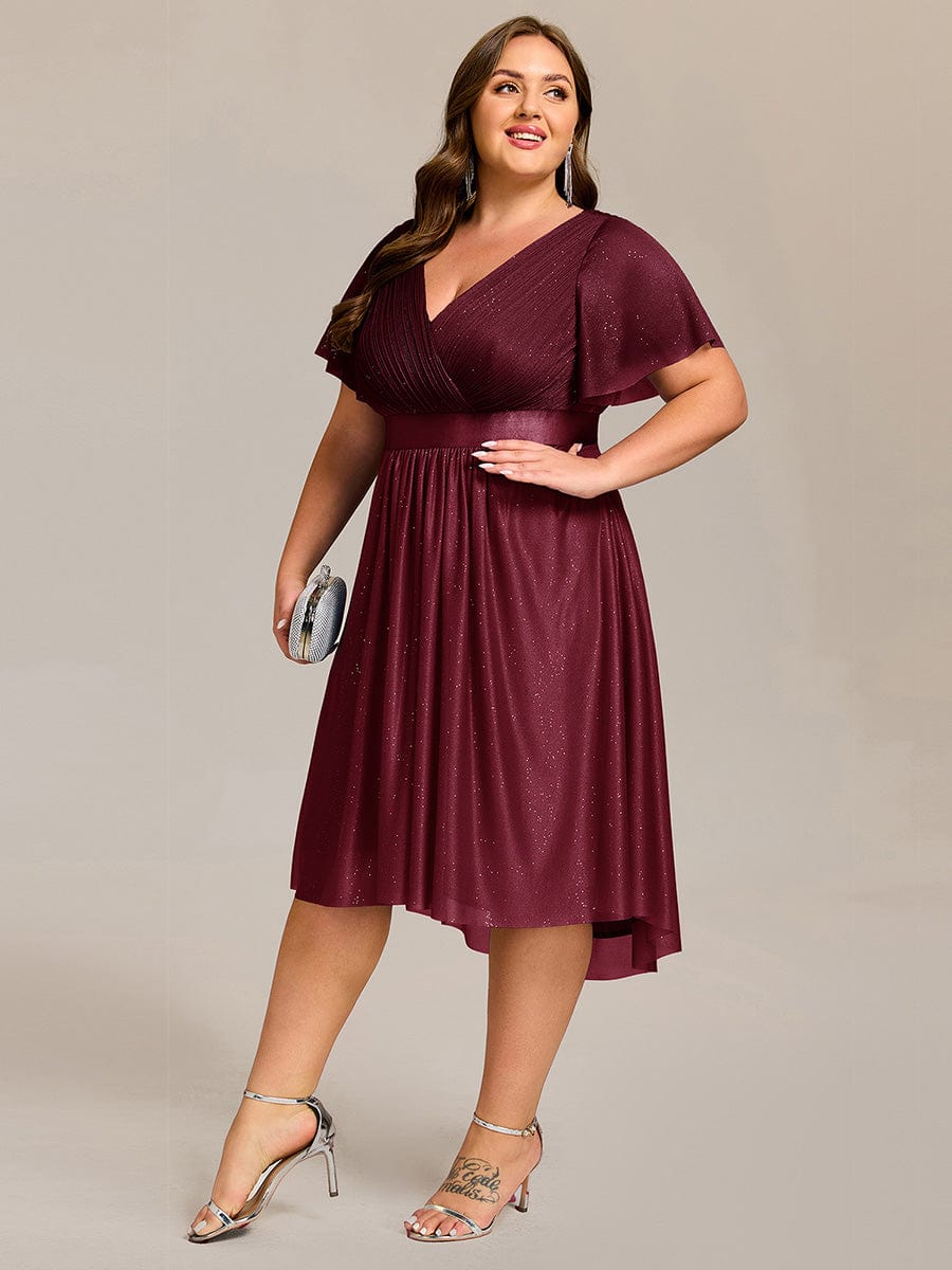 Short Sleeve V-Neck Pleated Glitter Midi Wedding Guest Dress #color_Burgundy