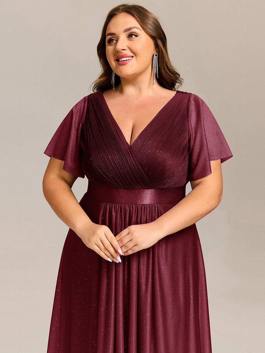 Short Sleeve V-Neck Pleated Glitter Midi Wedding Guest Dress #color_Burgundy