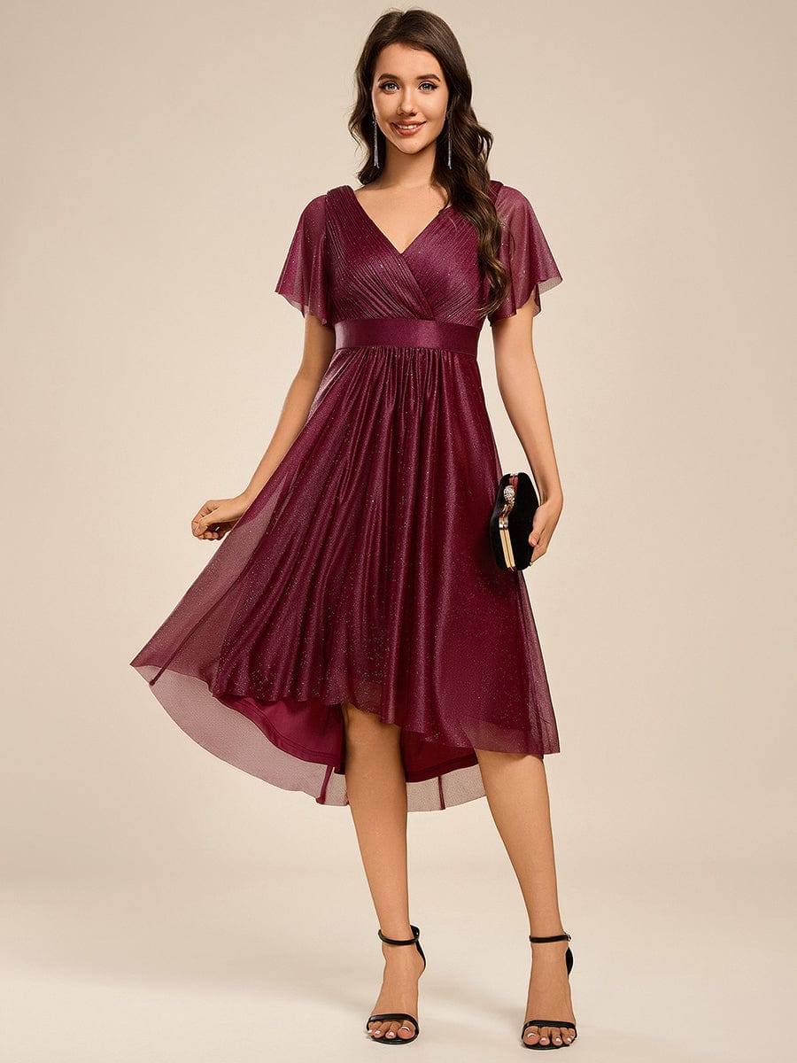 Short Sleeve V-Neck Pleated Glitter Midi Wedding Guest Dress #color_Burgundy