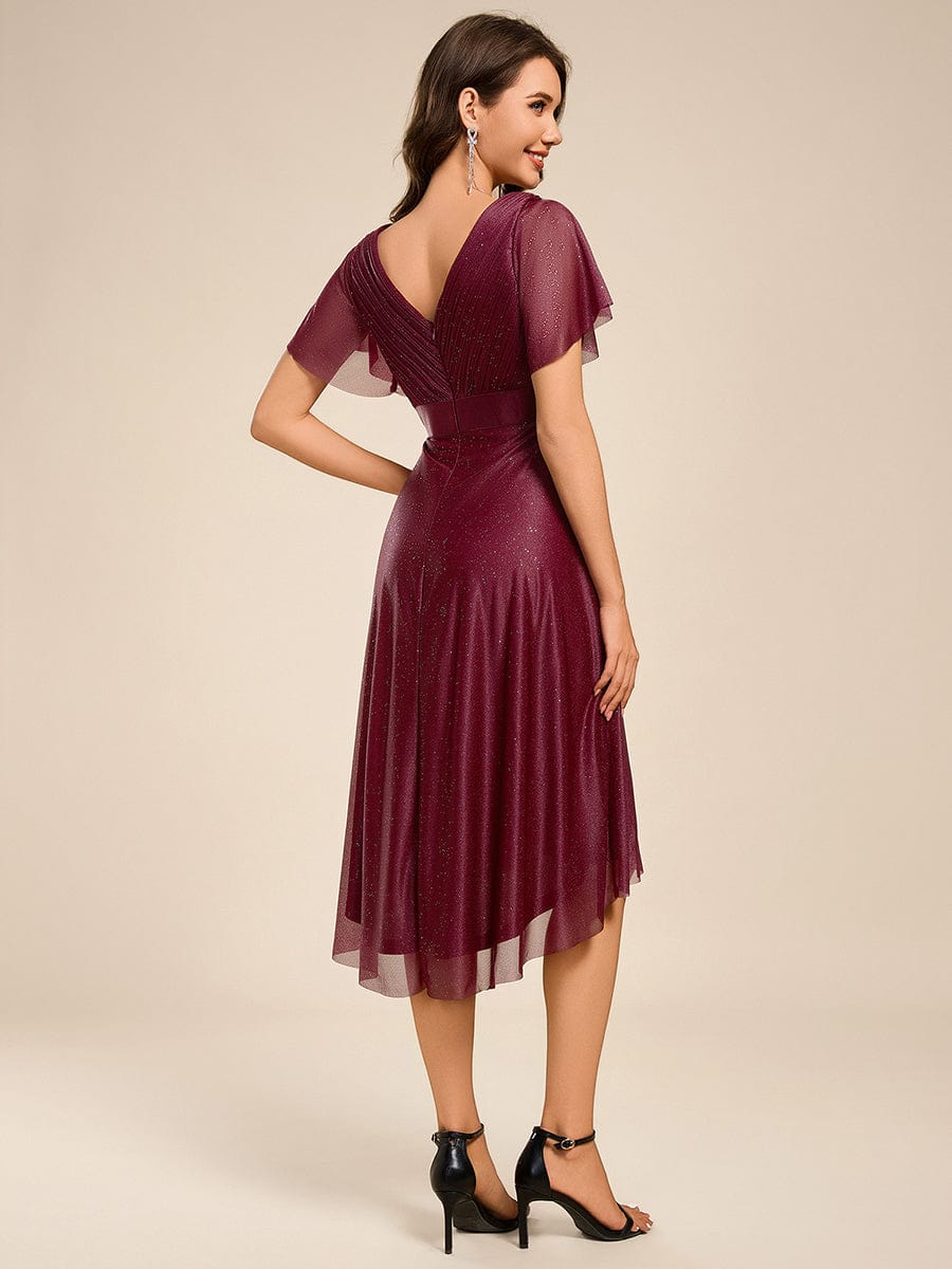 Short Sleeve V-Neck Pleated Glitter Midi Wedding Guest Dress #color_Burgundy