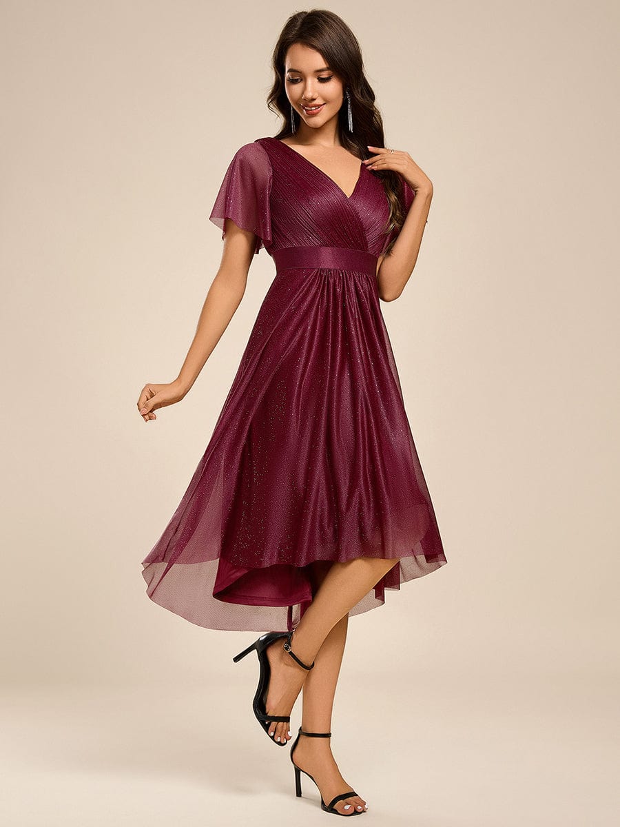 Short Sleeve V-Neck Pleated Glitter Midi Wedding Guest Dress #color_Burgundy