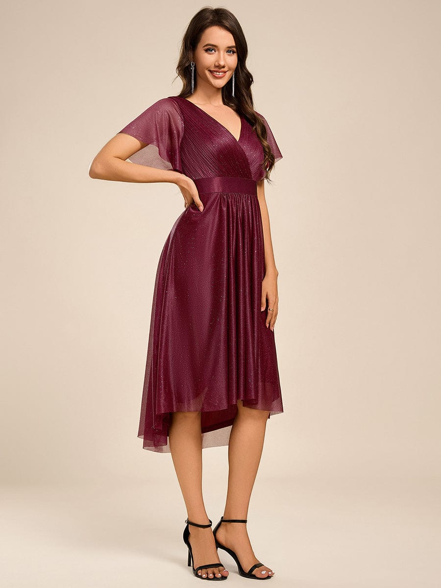 Short Sleeve V-Neck Pleated Glitter Midi Wedding Guest Dress #color_Burgundy