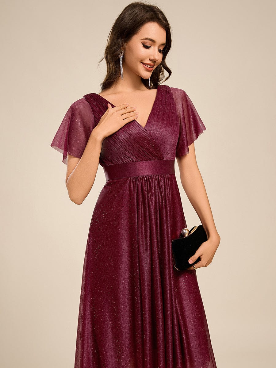 Short Sleeve V-Neck Pleated Glitter Midi Wedding Guest Dress #color_Burgundy