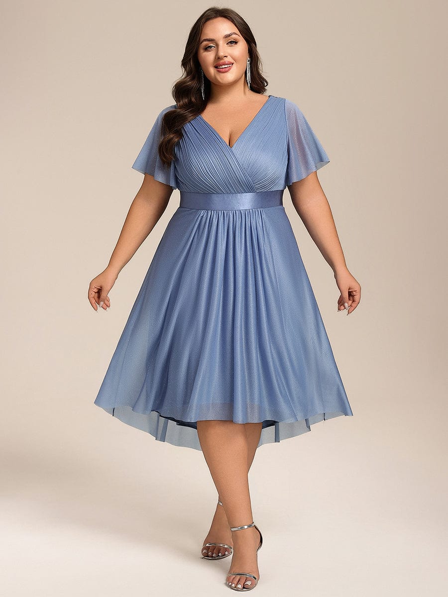 Short Sleeve V-Neck Pleated Glitter Midi Wedding Guest Dress #color_Dusty Blue