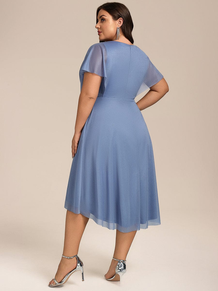 Short Sleeve V-Neck Pleated Glitter Midi Wedding Guest Dress #color_Dusty Blue