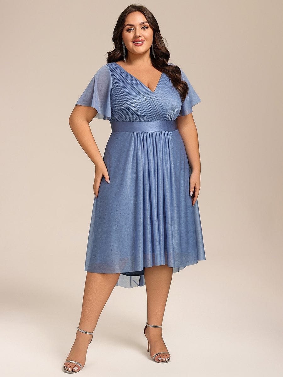 Short Sleeve V-Neck Pleated Glitter Midi Wedding Guest Dress #color_Dusty Blue