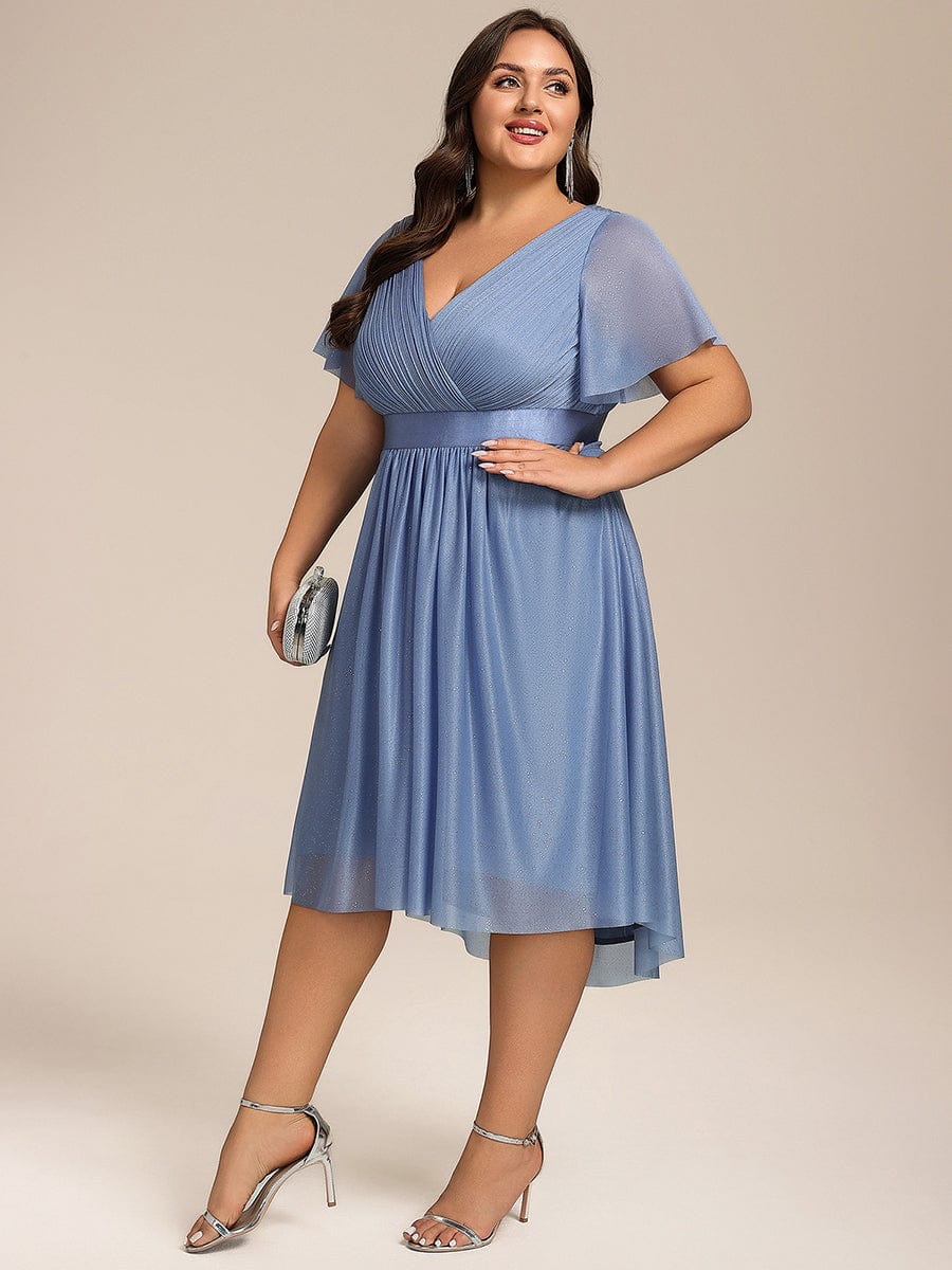 Short Sleeve V-Neck Pleated Glitter Midi Wedding Guest Dress #color_Dusty Blue