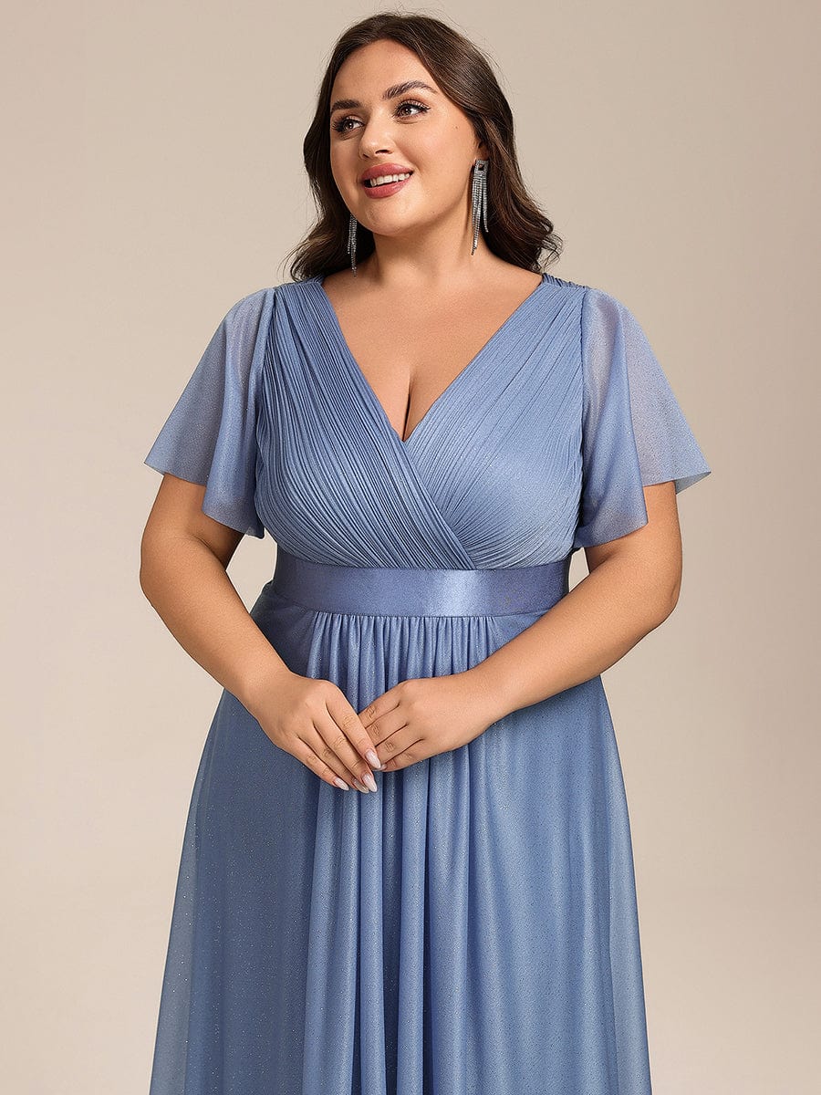 Short Sleeve V-Neck Pleated Glitter Midi Wedding Guest Dress #color_Dusty Blue