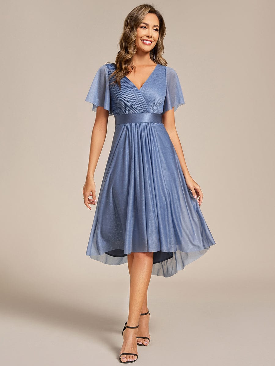 Short Sleeve V-Neck Pleated Glitter Midi Wedding Guest Dress #color_Dusty Blue