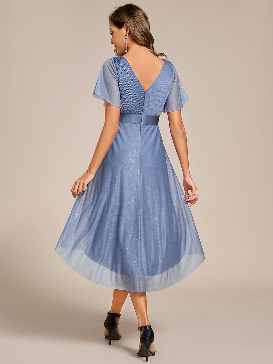 Short Sleeve V-Neck Pleated Glitter Midi Wedding Guest Dress #color_Dusty Blue