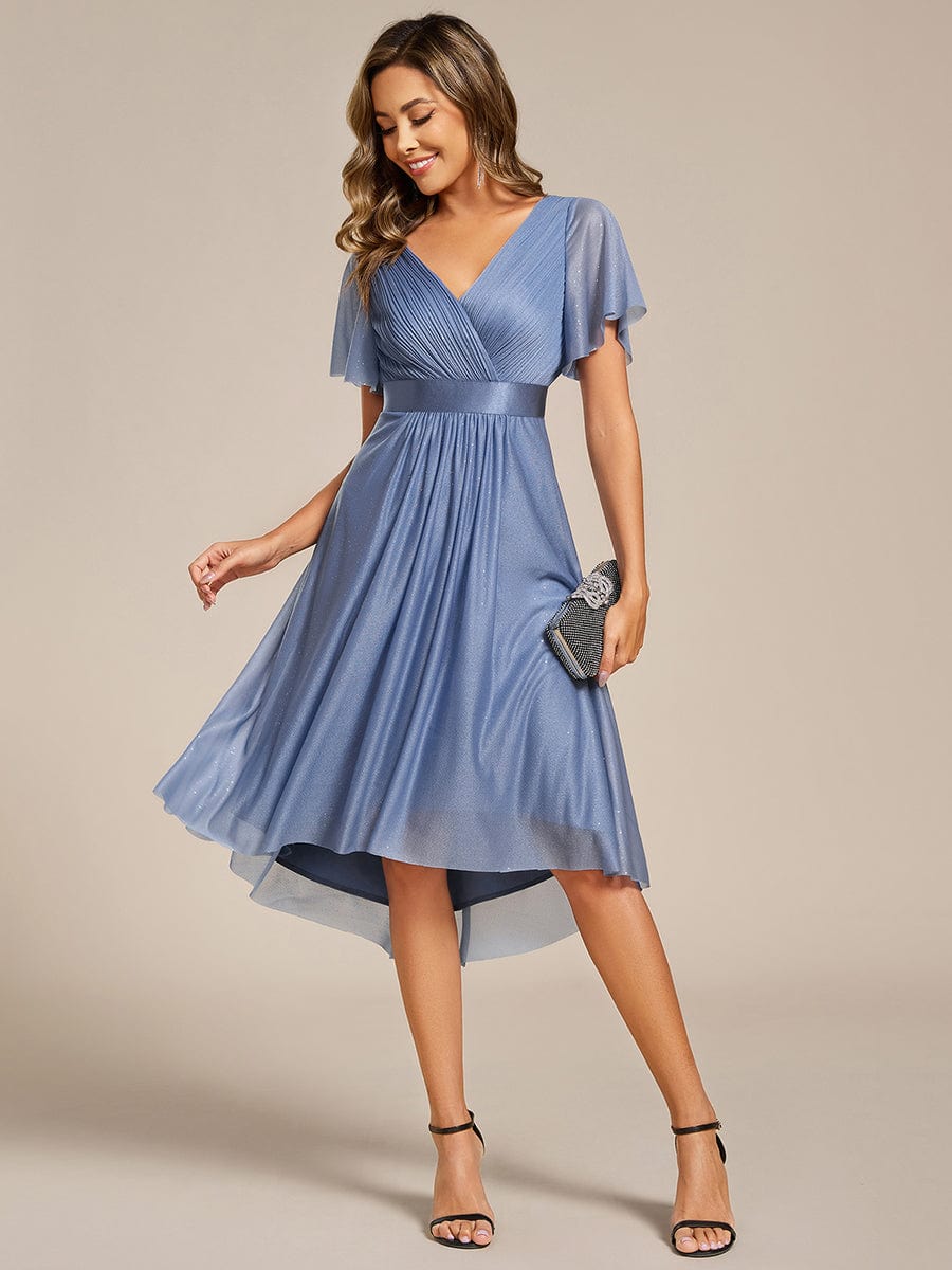 Short Sleeve V-Neck Pleated Glitter Midi Wedding Guest Dress #color_Dusty Blue