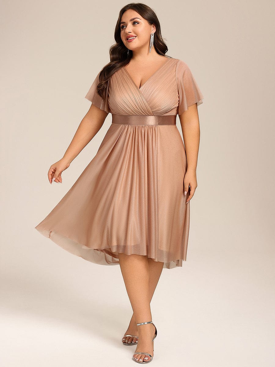 Short Sleeve V-Neck Pleated Glitter Midi Wedding Guest Dress #color_Rose Gold