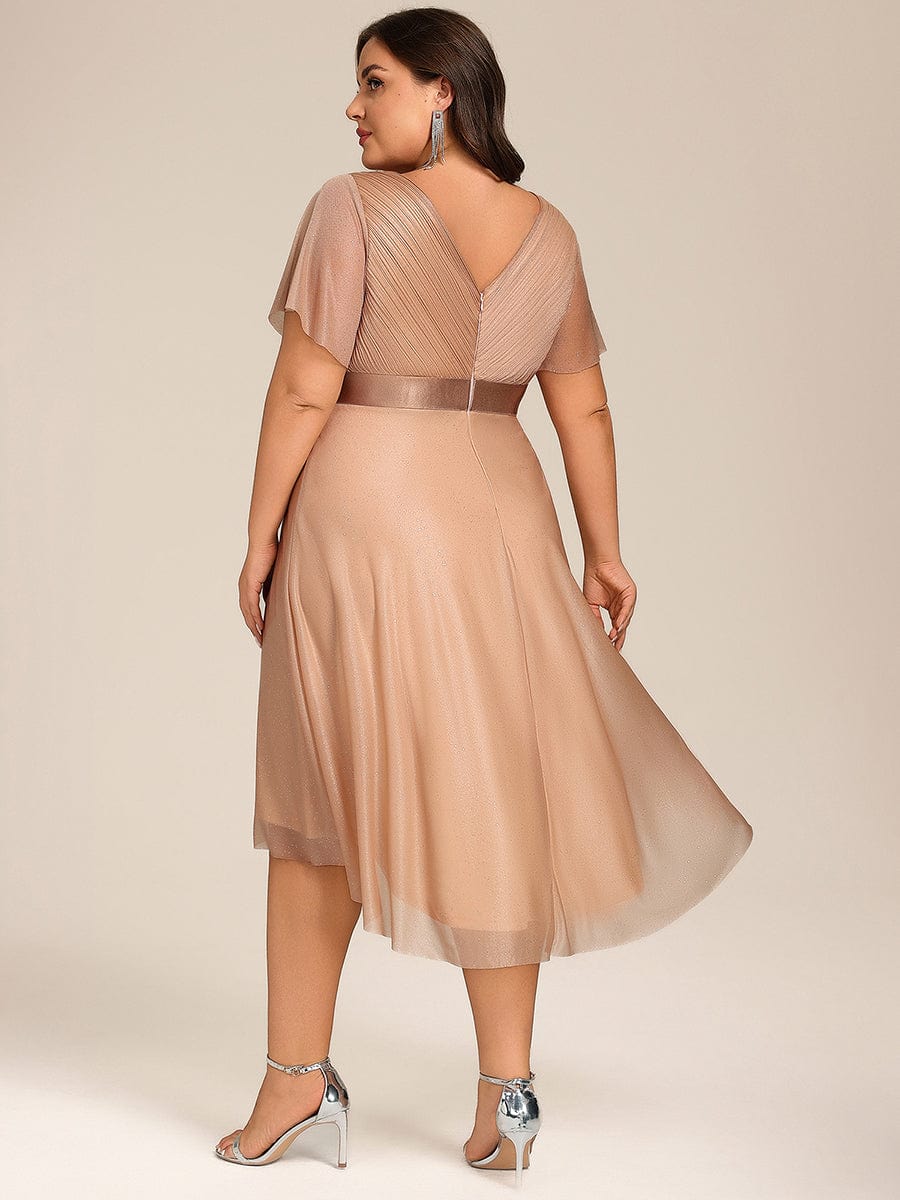 Short Sleeve V-Neck Pleated Glitter Midi Wedding Guest Dress #color_Rose Gold