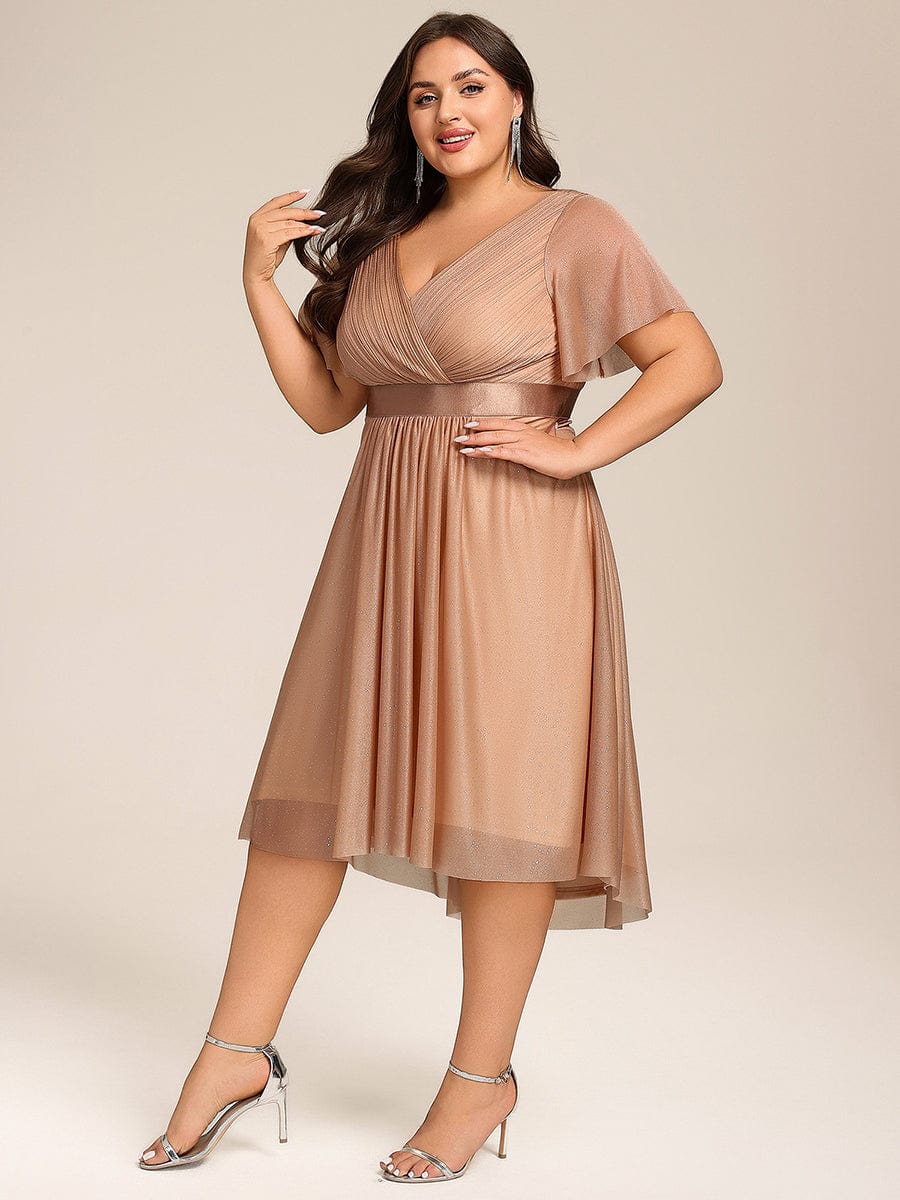 Short Sleeve V-Neck Pleated Glitter Midi Wedding Guest Dress #color_Rose Gold