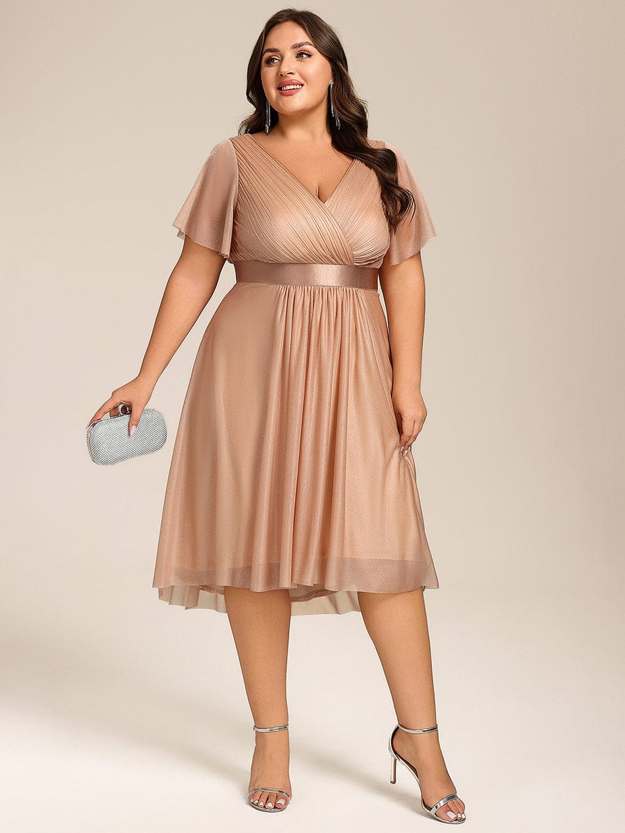 Short Sleeve V-Neck Pleated Glitter Midi Wedding Guest Dress #color_Rose Gold