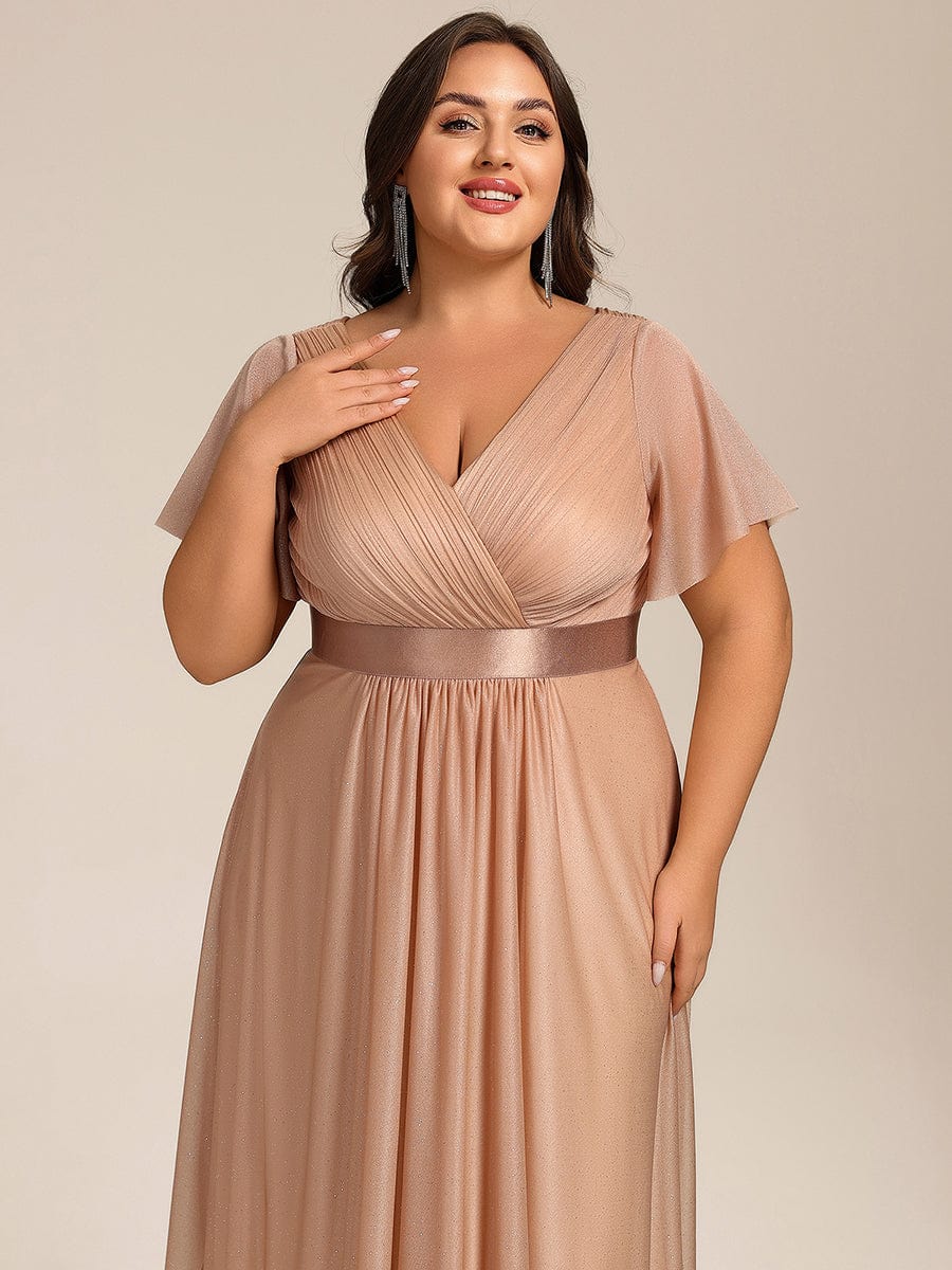 Short Sleeve V-Neck Pleated Glitter Midi Wedding Guest Dress #color_Rose Gold