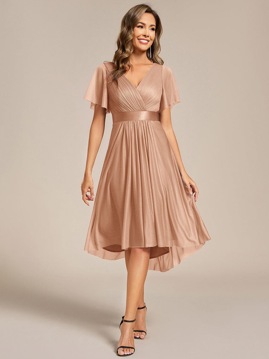 Short Sleeve V-Neck Pleated Glitter Midi Wedding Guest Dress #color_Rose Gold