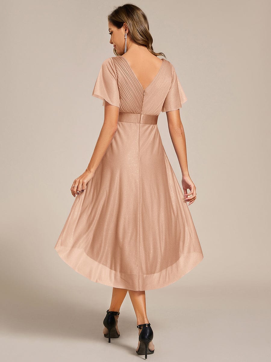 Short Sleeve V-Neck Pleated Glitter Midi Wedding Guest Dress #color_Rose Gold