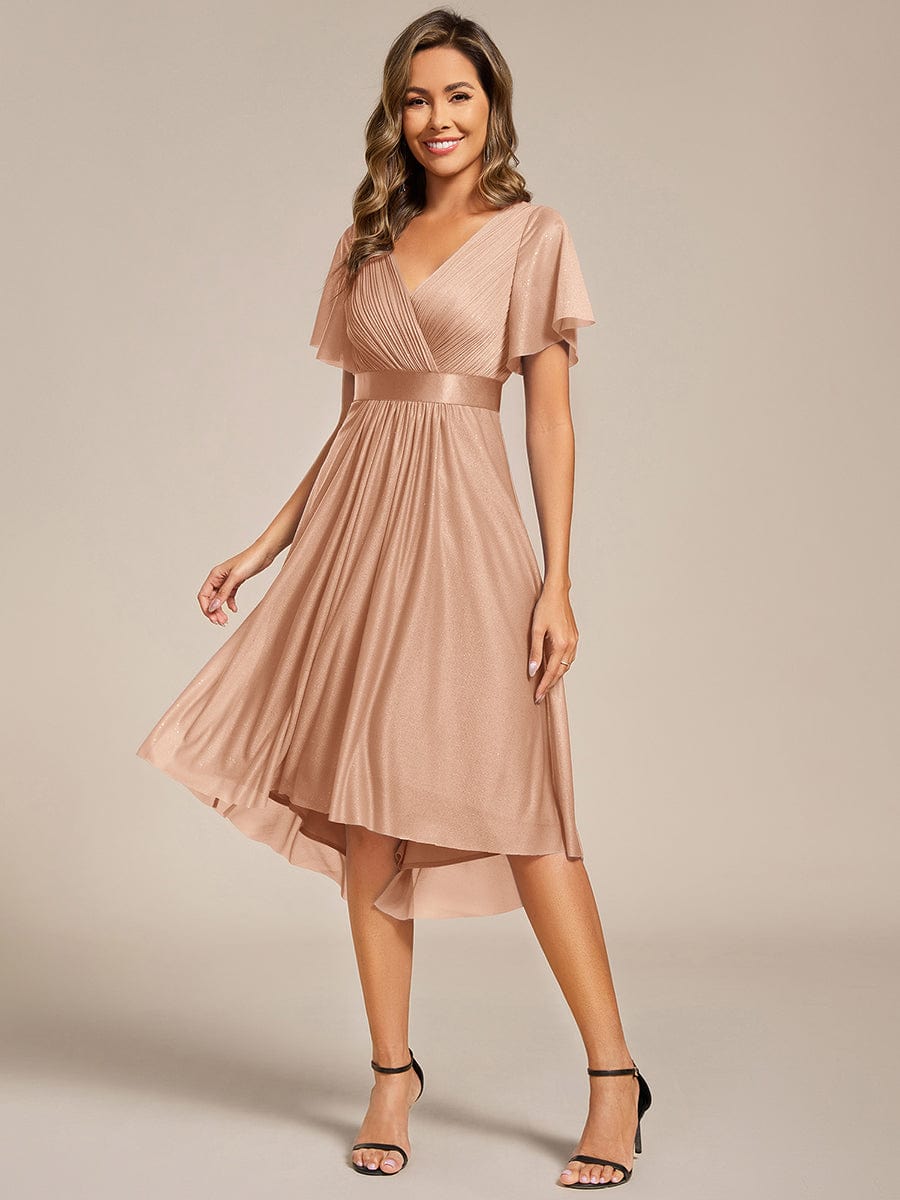 Short Sleeve V-Neck Pleated Glitter Midi Wedding Guest Dress #color_Rose Gold