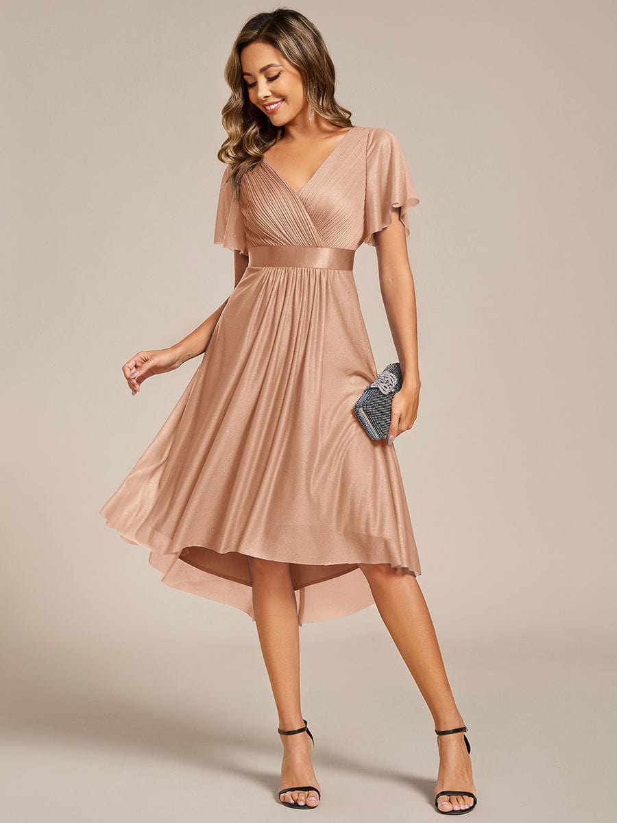 Short Sleeve V-Neck Pleated Glitter Midi Wedding Guest Dress #color_Rose Gold