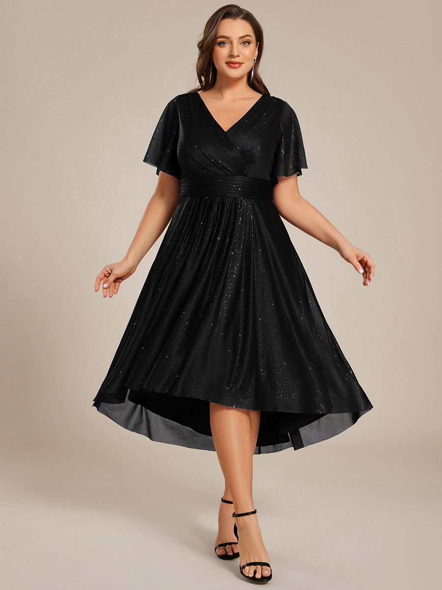 Plus Size Short Sleeve Pleated Ruffles Sequin A-Line Midi Wedding Guest Dresses #color_Black