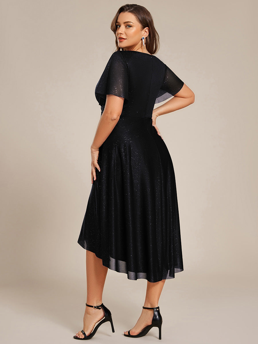 Plus Size Short Sleeve Pleated Ruffles Sequin A-Line Midi Wedding Guest Dresses #color_Black