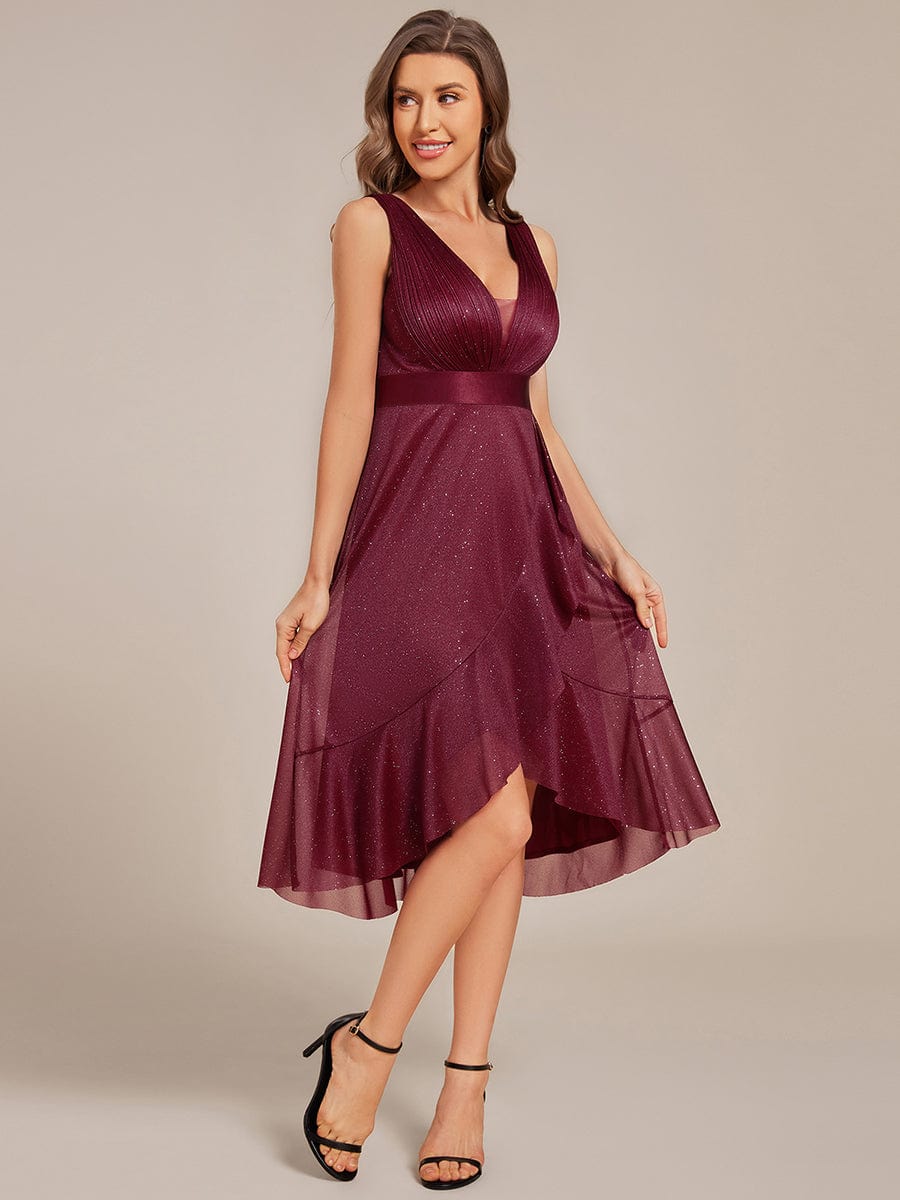 Glitter Sleeveless Deep V-Neck A-Line Midi Wedding Guest Dress #color_Burgundy