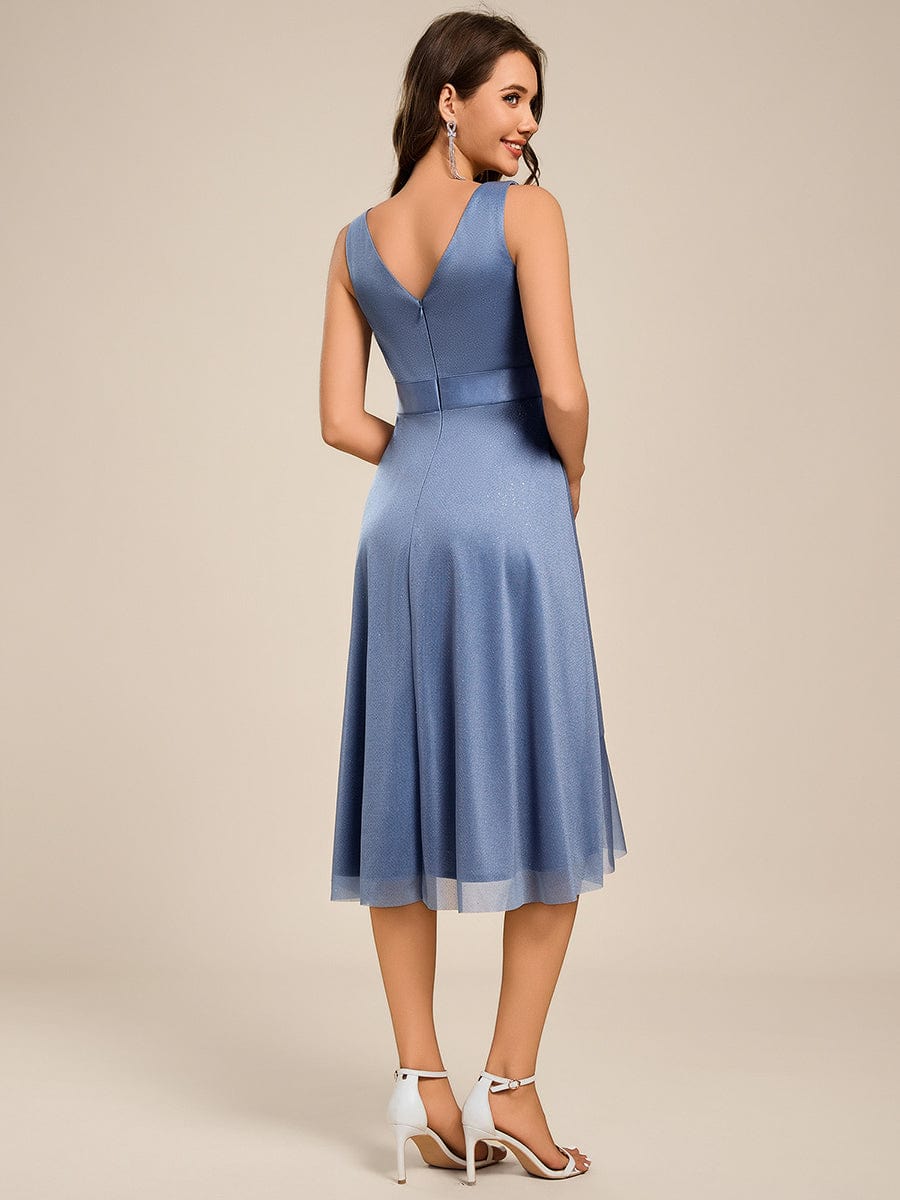 Glitter Sleeveless Deep V-Neck A-Line Midi Wedding Guest Dress #color_Dusty Blue