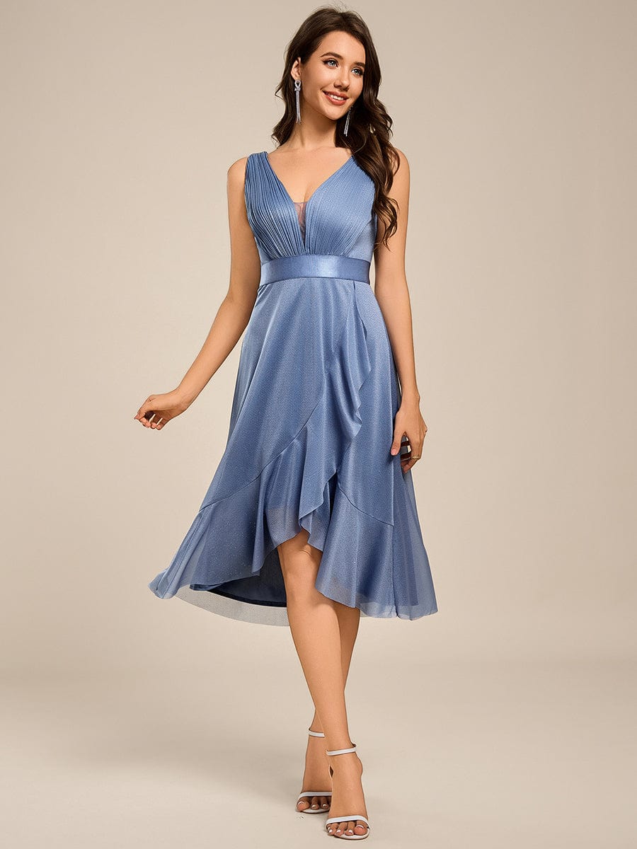 Glitter Sleeveless Deep V-Neck A-Line Midi Wedding Guest Dress #color_Dusty Blue