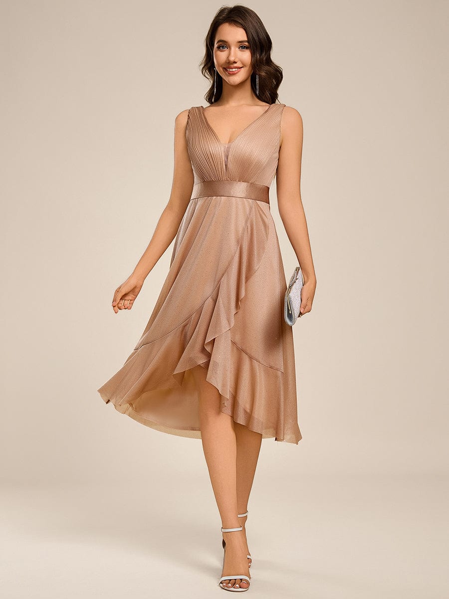 Glitter Sleeveless Deep V-Neck A-Line Midi Wedding Guest Dress #color_Rose Gold