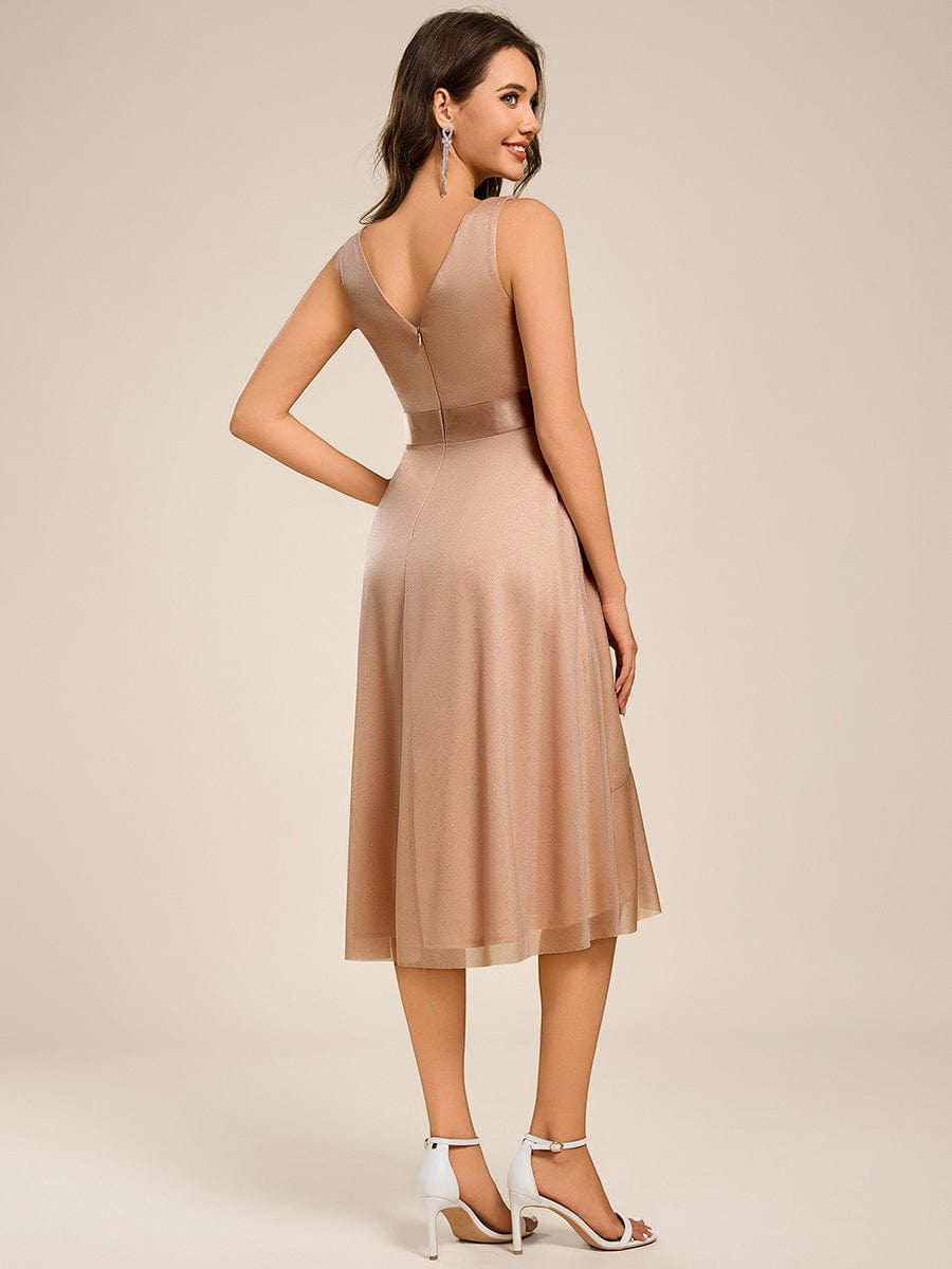 Glitter Sleeveless Deep V-Neck A-Line Midi Wedding Guest Dress #color_Rose Gold