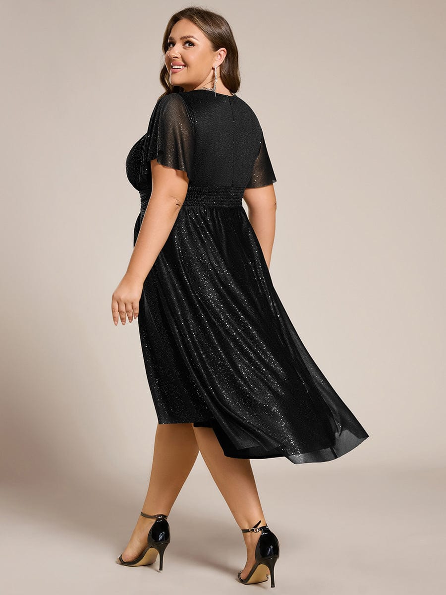 Short Sleeves Round Neck Asymmetrical Midi Wedding Guest Dress #color_Black