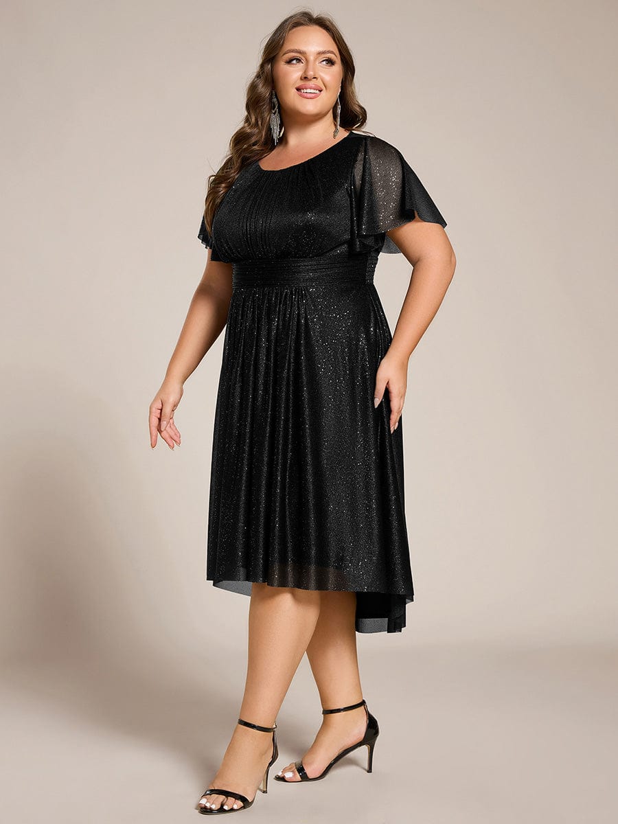 Short Sleeves Round Neck Asymmetrical Midi Wedding Guest Dress #color_Black