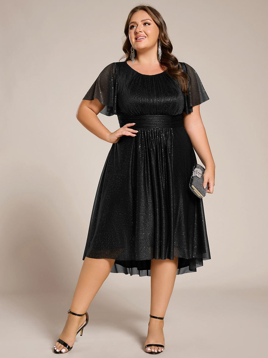 Short Sleeves Round Neck Asymmetrical Midi Wedding Guest Dress #color_Black