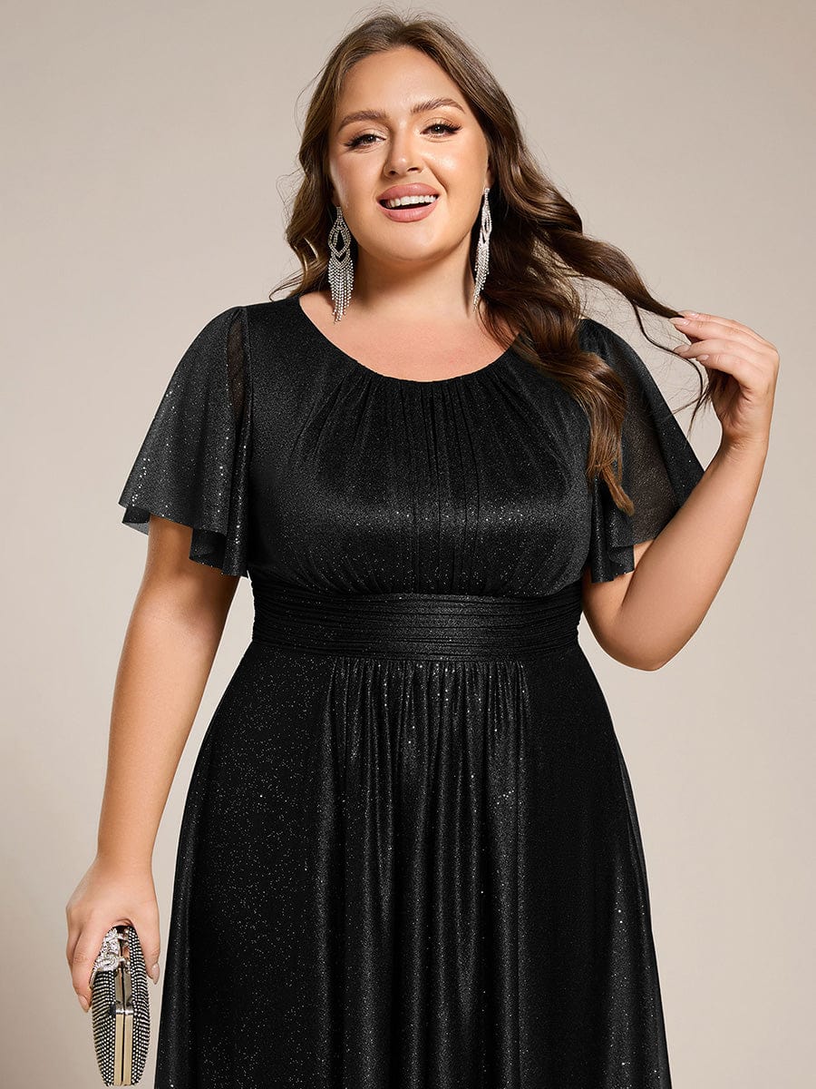 Short Sleeves Round Neck Asymmetrical Midi Wedding Guest Dress #color_Black