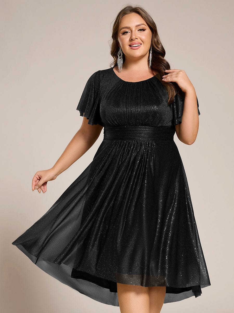 Short Sleeves Round Neck Asymmetrical Midi Wedding Guest Dress #color_Black