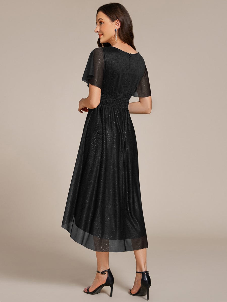 Short Sleeves Round Neck Asymmetrical Midi Wedding Guest Dress #color_Black